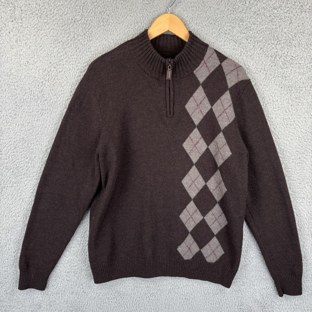 Davis & Squire Sweater Mens XL Brown 100% Merino Wool 1/4 Zip Knit Argyle